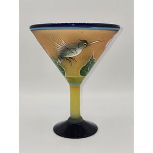 Mexican Hand Painted Hand Blown Martini Glass Bird & Flowers